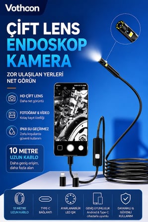 10 Metre Çift Kameralı iOS/Android Uyumlu Yılan Endoskop Kamera 8mm 2MP LED’li Sert Kablo
