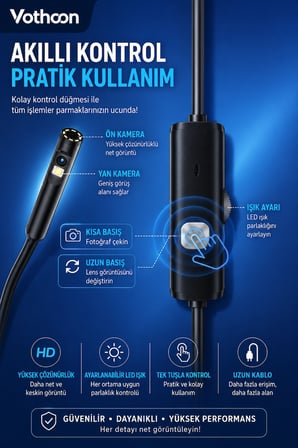 10 Metre Çift Kameralı iOS/Android Uyumlu Yılan Endoskop Kamera 8mm 2MP LED’li Sert Kablo