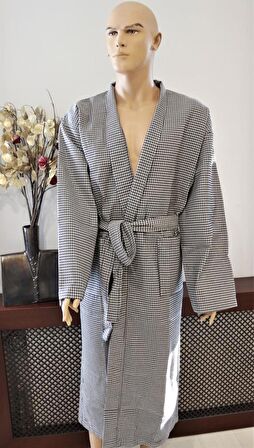 Bornoz İplik Boya Siyah Beyaz Pike Kimono Bornoz XL/XXL