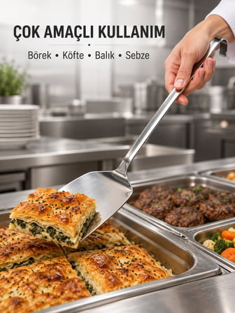 BEYLİNİ Endüstriyel Düz Servis Spatulası Delikli Paslanmaz Çelik Uzun Saplı Asılabilir Izgara Tava Lokanta Profesyonel Mutfak NO3