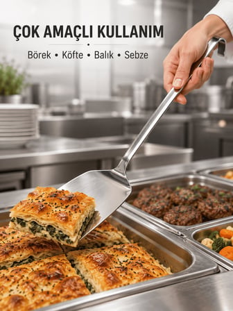 BEYLİNİ Endüstriyel Düz Servis Spatulası Delikli Paslanmaz Çelik Uzun Saplı Asılabilir Izgara Tava Lokanta Profesyonel Mutfak NO1