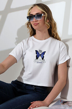 Enfi Penye Süprem Baskılı Pamuklu Crop T-Shirt