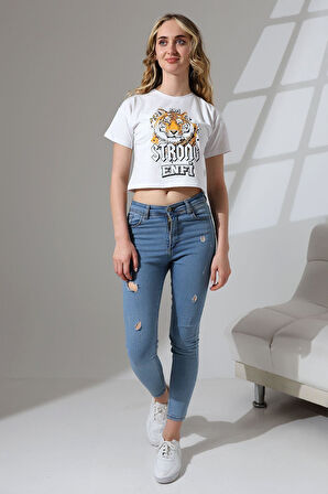 Enfi Penye Süprem Pamuklu Baskılı Crop T-Shirt