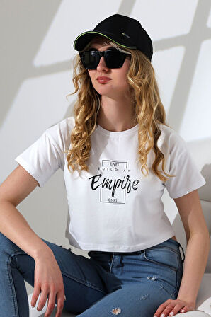 Enfi Baskılı Pamuklu Süprem Penye Crop T-Shirt