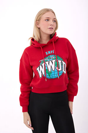 Kadın Kapüşonlu Baskılı Crop Sweatshirt