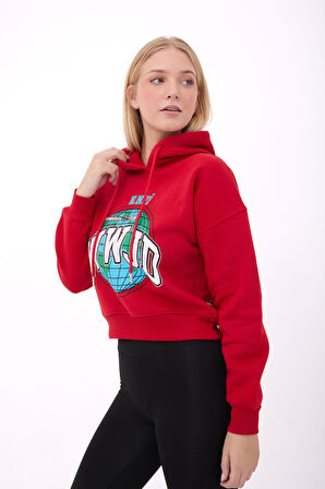 Kadın Kapüşonlu Baskılı Crop Sweatshirt