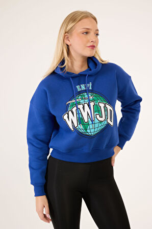 Kadın Kapüşonlu Baskılı Crop Sweatshirt