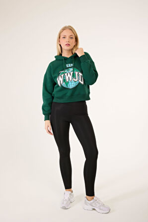 Kadın Kapüşonlu Baskılı Crop Sweatshirt