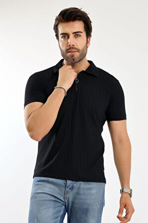 Erkek Fermuarlı Jakarlı Çizgi Kabartmalı T-Shirt