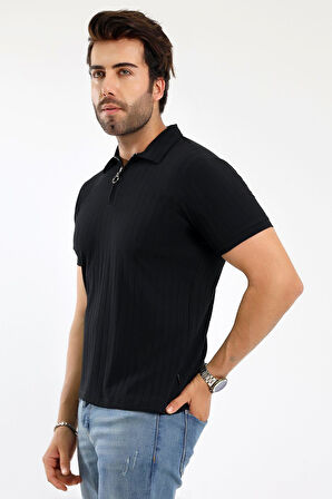 Erkek Fermuarlı Jakarlı Çizgi Kabartmalı T-Shirt