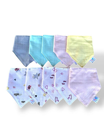 Önü Müslin Arkası Pazen Salya ve Mama Önlüğü, 10 ADET KIZ SET, Fular Önlük, %100 Pamuk, 3 Çıtçıt ayarlı