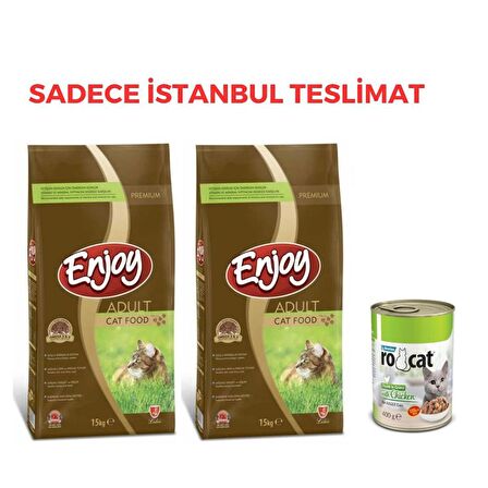 Enjoy Tavuklu Kedi maması 15 Kgx2- Rocat Tavuklu Kedi Konservesi 400gr