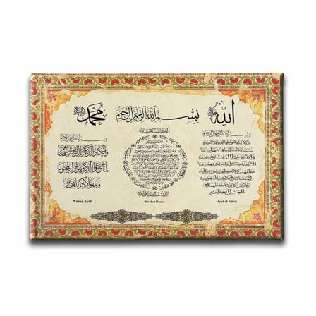 Nazar-Bereket-Ayet-El Kürsi 3 Ayet Ayetli İslami Hat Sanatı Kanvas Tablo