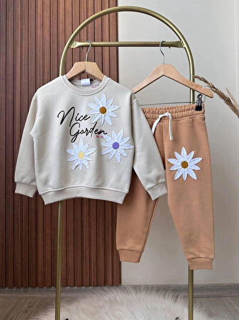 ÇİÇEK İŞLEMELİ 3İPLİK ŞARDONSUZ ALT ÜST KIZ ÇOCUK TAKIMI