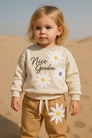 ÇİÇEK İŞLEMELİ 3İPLİK ŞARDONSUZ ALT ÜST KIZ ÇOCUK TAKIMI