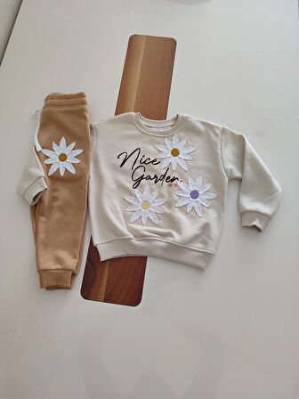 ÇİÇEK İŞLEMELİ 3İPLİK ŞARDONSUZ ALT ÜST KIZ ÇOCUK TAKIMI