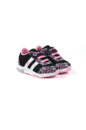 Kız Bebe Siyah Pembe Desenli Işıklı Cırtlı Sneaker Günlük Spor Ayakkabı