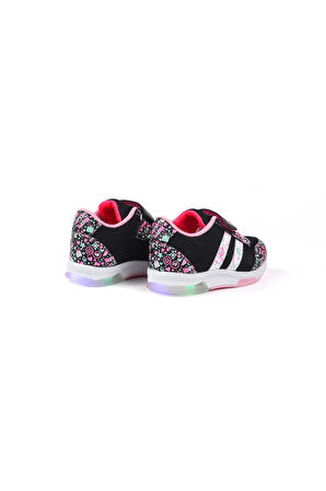 Kız Bebe Siyah Pembe Desenli Işıklı Cırtlı Sneaker Günlük Spor Ayakkabı