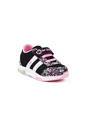 Kız Bebe Siyah Pembe Desenli Işıklı Cırtlı Sneaker Günlük Spor Ayakkabı