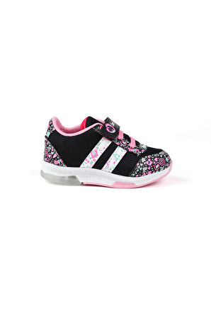 Kız Bebe Siyah Pembe Desenli Işıklı Cırtlı Sneaker Günlük Spor Ayakkabı