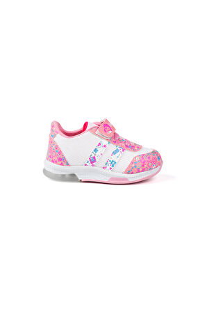 Kız Bebe Pembe Beyaz Desenli Işıklı Cırtlı Sneaker Günlük Spor Ayakkabı