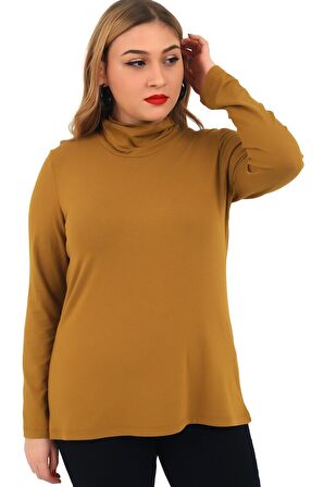 Fierte Kadın Büyük Beden Sweatshirt Lm43040 Balıkçı Yaka Basic Uzun Kol Penye Body Hardal Antrasit Siyah Ekru Haki Tarçın Portakal Lacivert