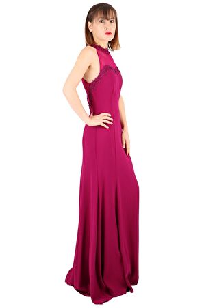 Fierte Kadın Abiye Elbise Tn7700 Sıfır Halter Yaka Kolsuz Dantel Güpür İşleme Krep Kuyruk Balık Nişan Düğün Nikah Mezuniyet Kırmızı Mor Siyah Violet Mercan Lacivert Yeşil Mint Bordo Saks Mavi