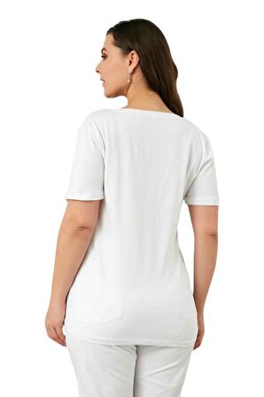 Fierte Kadın Büyük Beden T-shirt Rg4053 V Yaka Kısa Kol Spor Basic