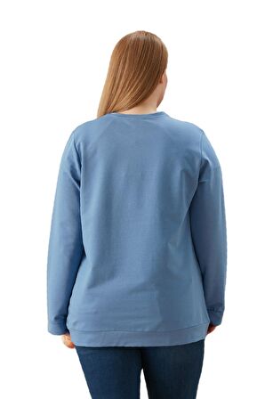 Fierte Kadın Büyük Beden Sweatshirt Rg4719 Yuvarlak Yaka Yazı Baskılı Uzun Kol Spor Çağla Yeşili Mavi Camel Siyah