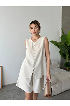 Santorini Esintisi Bej Alt Üst Keten Takım - Şortlu