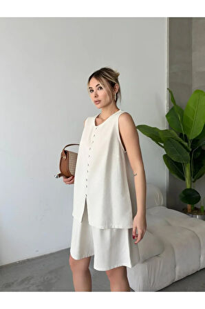 Santorini Esintisi Bej Alt Üst Keten Takım - Şortlu