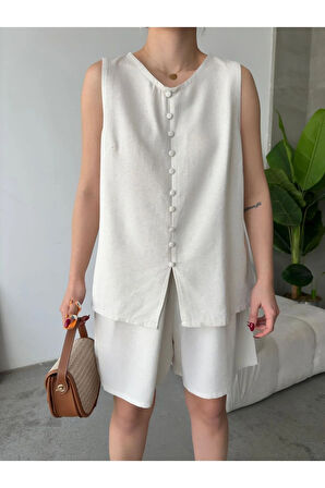 Santorini Esintisi Bej Alt Üst Keten Takım - Şortlu