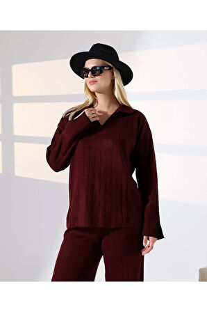 Kol ve Yaka Detay Fitilli Triko Takım