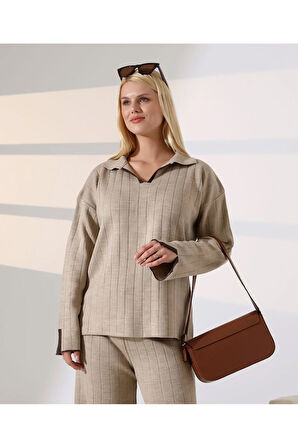 Kol ve Yaka Detay Fitilli Triko Takım