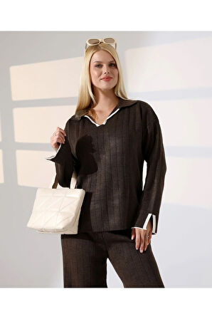 Kol ve Yaka Detay Fitilli Triko Takım