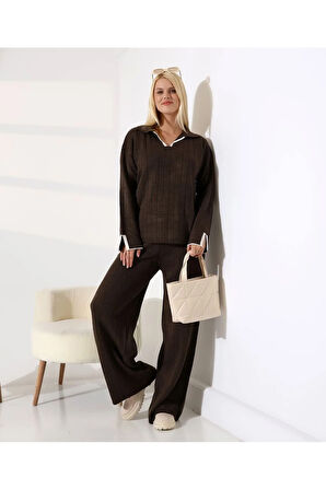 Kol ve Yaka Detay Fitilli Triko Takım