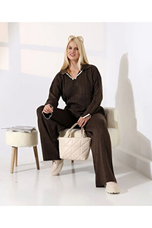 Kol ve Yaka Detay Fitilli Triko Takım