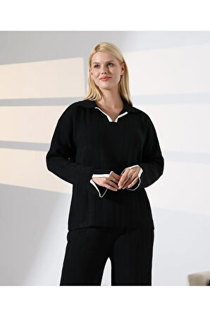 Kol ve Yaka Detay Fitilli Triko Takım