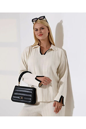 Kol ve Yaka Detay Fitilli Triko Takım