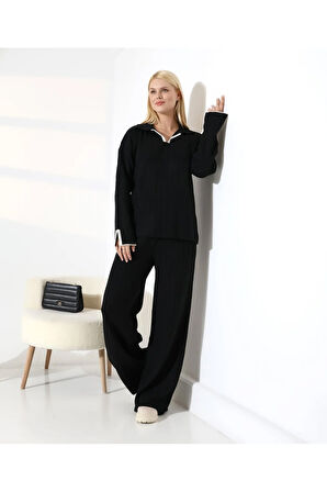 Kol ve Yaka Detay Fitilli Triko Takım