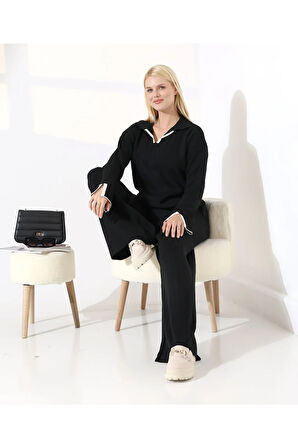 Kol ve Yaka Detay Fitilli Triko Takım