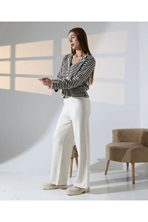 Çizgili Polo Yaka Kadın Triko Takım
