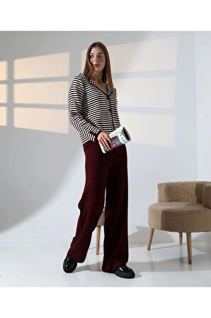 Çizgili Polo Yaka Kadın Triko Takım