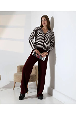 Çizgili Polo Yaka Kadın Triko Takım