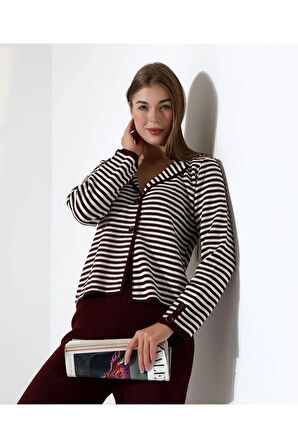 Çizgili Polo Yaka Kadın Triko Takım