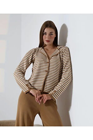 Çizgili Polo Yaka Kadın Triko Takım