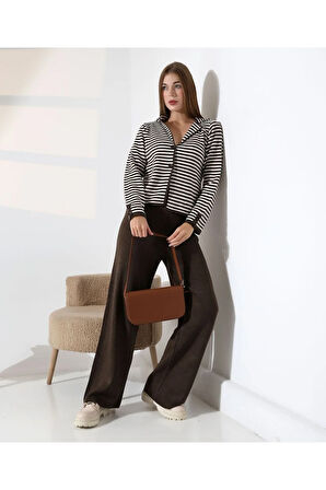 Çizgili Polo Yaka Kadın Triko Takım