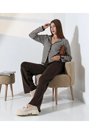 Çizgili Polo Yaka Kadın Triko Takım