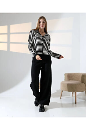 Çizgili Polo Yaka Kadın Triko Takım