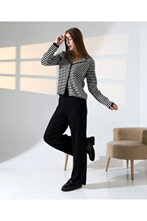 Çizgili Polo Yaka Kadın Triko Takım